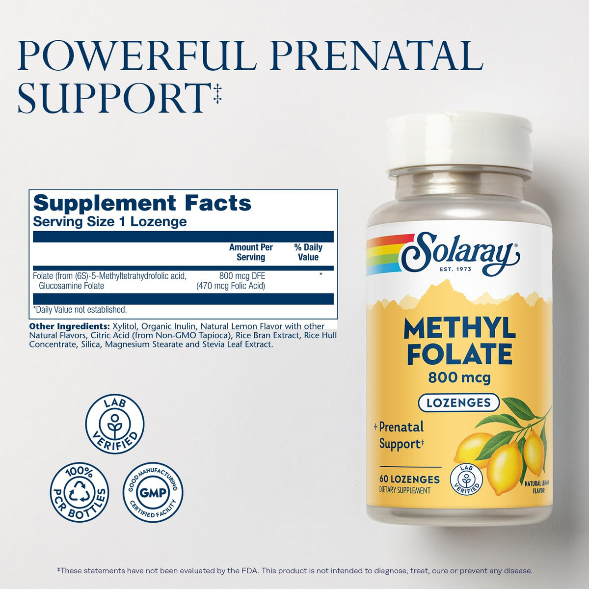 Détails des comprimés de Methyl Folate SOLARAY au citron