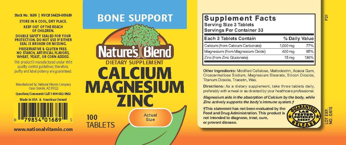 Détails des comprimés de Nature's Blend Calcium Magnésium Zinc