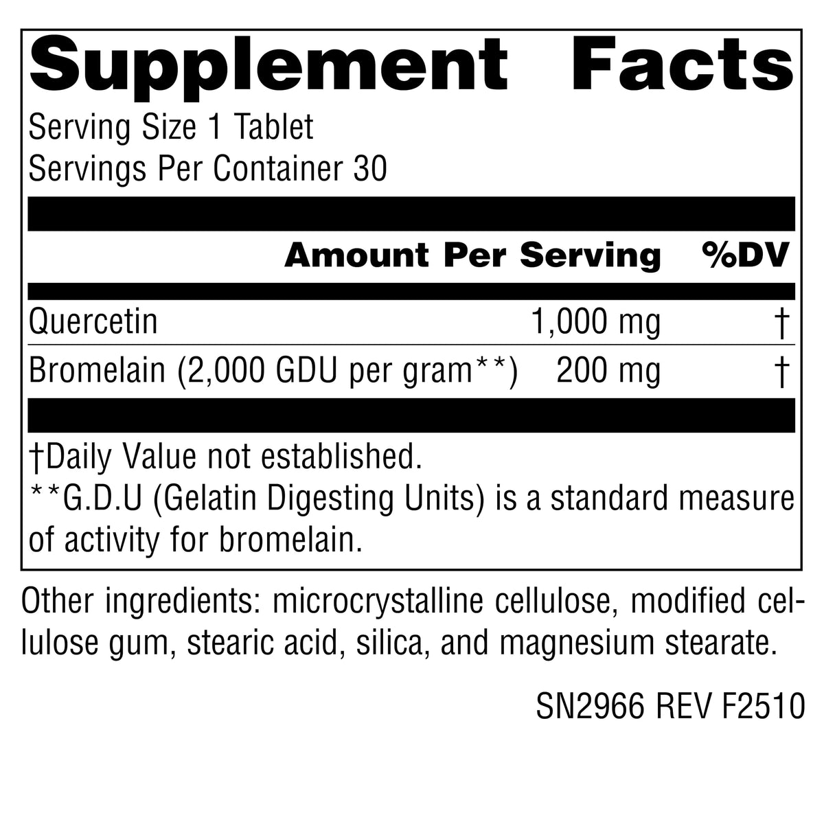 Détails des comprimés de Quercétine 1000 mg avec Bromélaïne, format de 30 comprimés