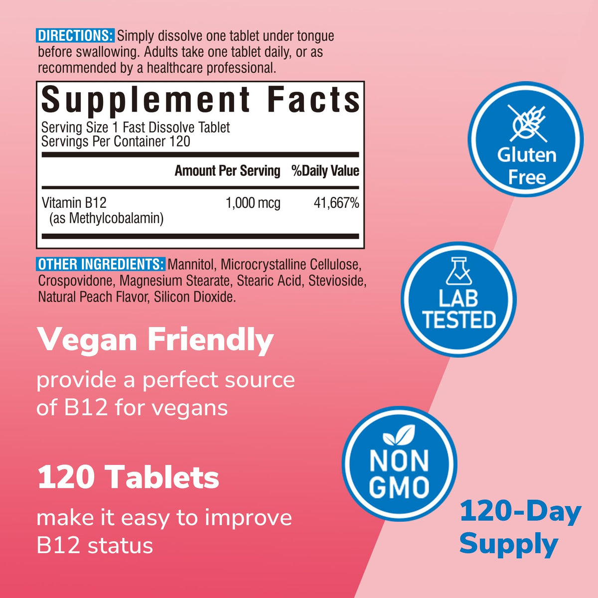 Détails des comprimés fondants de Vitamine B12 Vitalibre