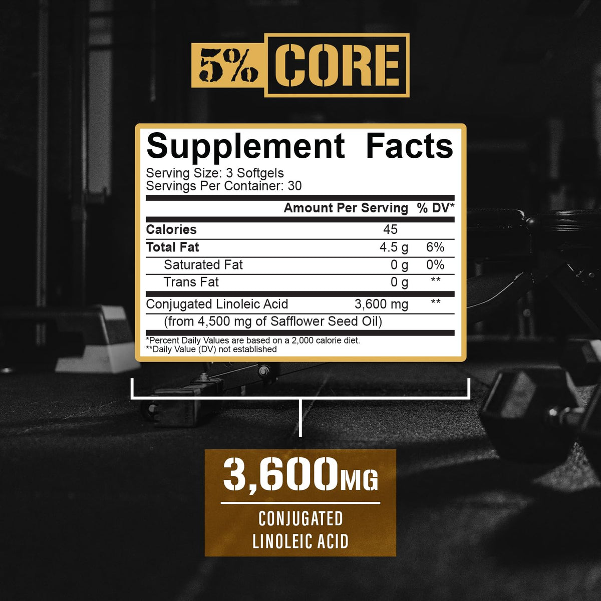 Détails des gélules 5% Nutrition Core CLA 3600