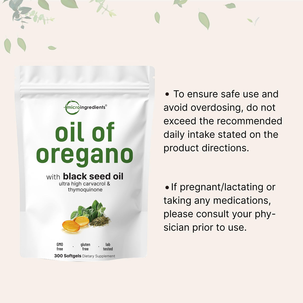 Détails des gélules d'huile d'origan et de graines noires Micro Ingredients