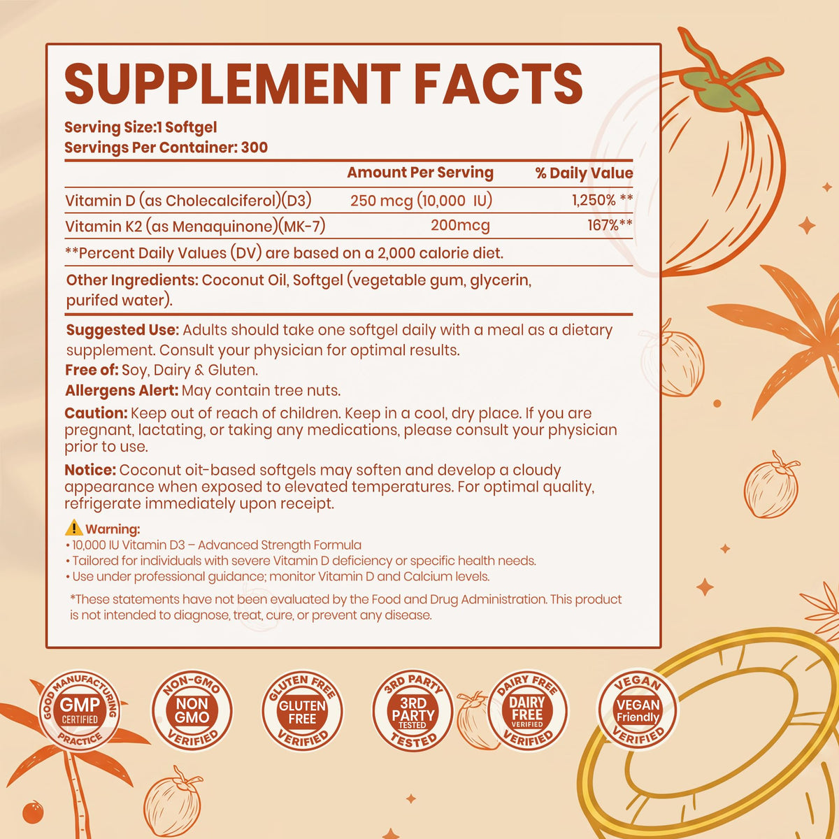 Détails des gélules d'huile de coco de VEV Vitamine D3 K2