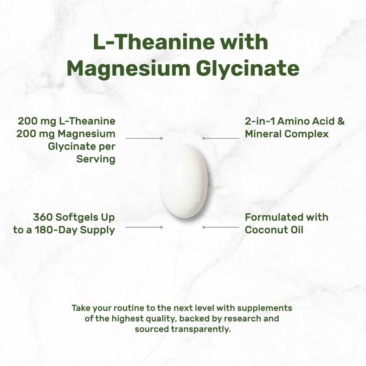Détails des gélules de L-Théanine et Glycinate de Magnésium avec étiquette visible
