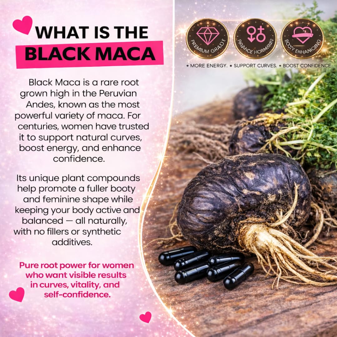Détails des gélules de maca noire Curvy Fruit sur fond blanc