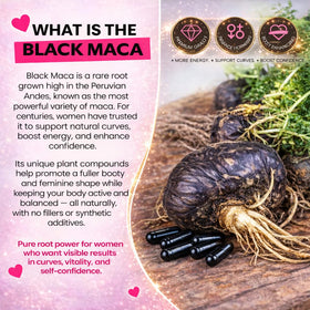 Détails des gélules de maca noire Curvy Fruit sur fond blanc