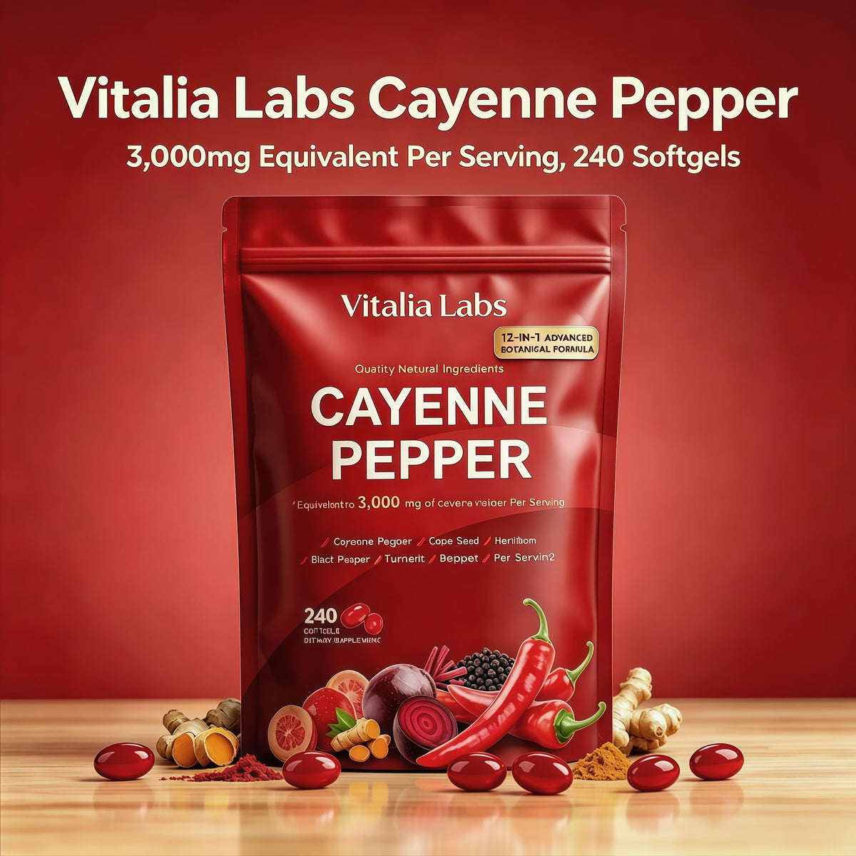 Détails des gélules de poivre de cayenne Vitalia Labs sur une table