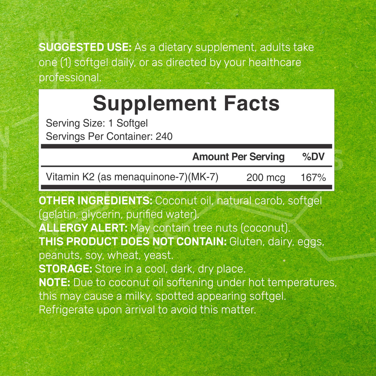 Détails des gélules de vitamine K2 MK-7 avec huile de noix de coco