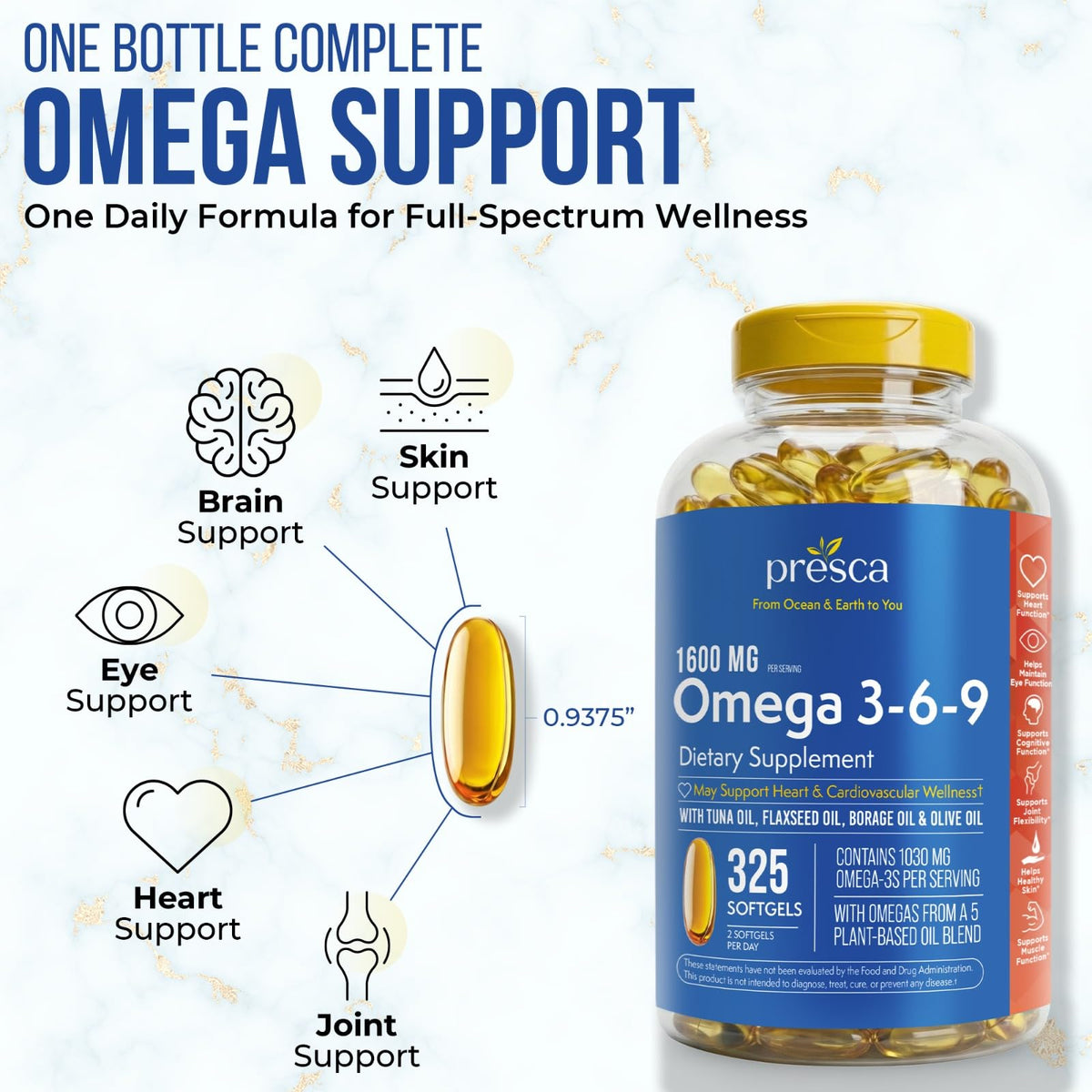 Détails des gélules Presca Omega 3-6-9 sur une surface blanche