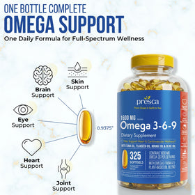Détails des gélules Presca Omega 3-6-9 sur une surface blanche