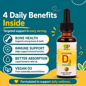 Détails des gouttes de vitamine D3 bio GreenPeach sur une cuillère
