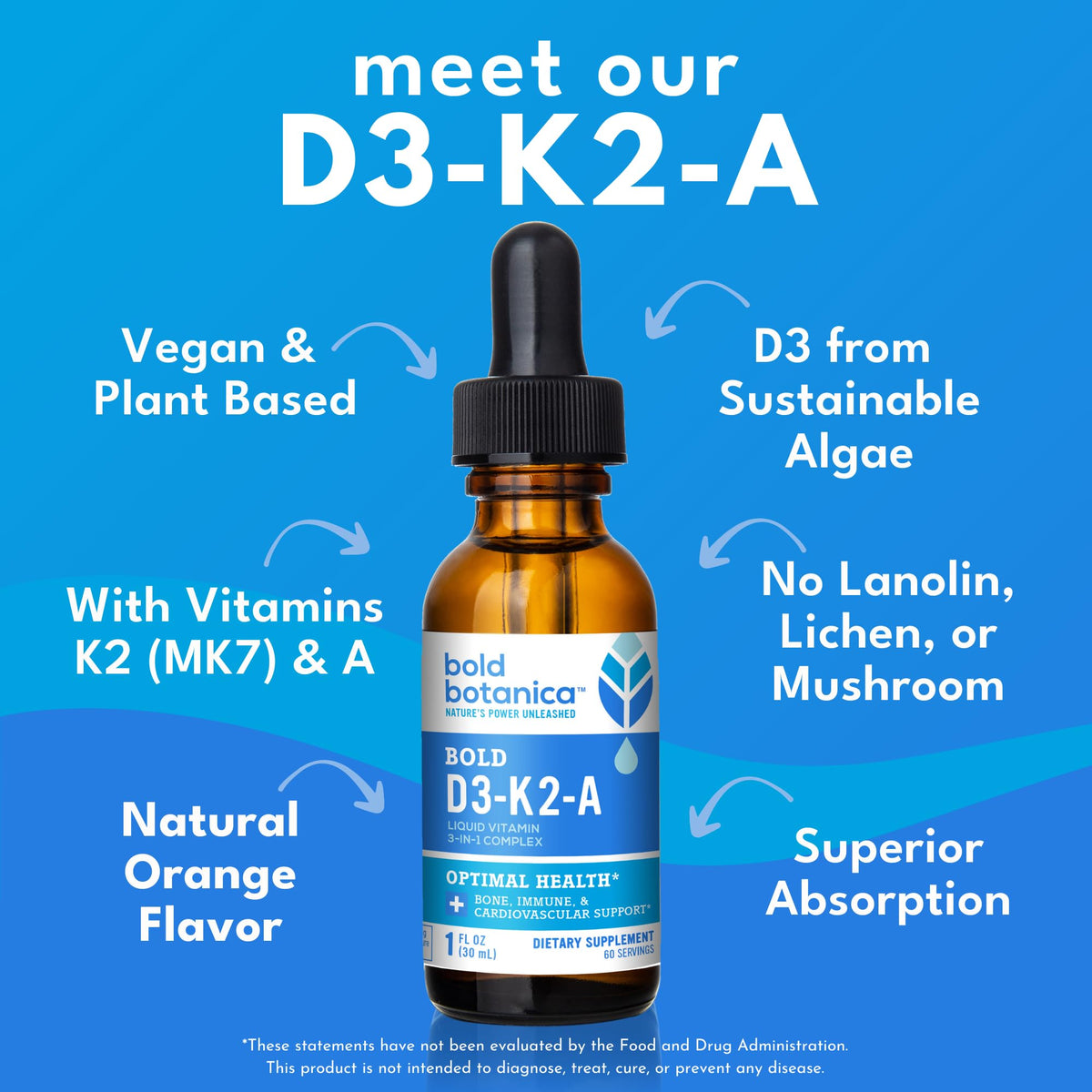 Détails des gouttes de vitamines liquides D3 K2 A avec étiquette