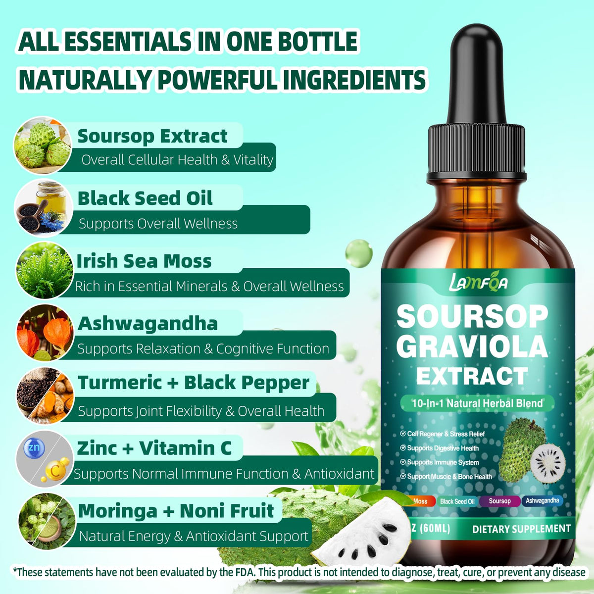 Détails des gouttes liquides Soursop Bitters avec ingrédients