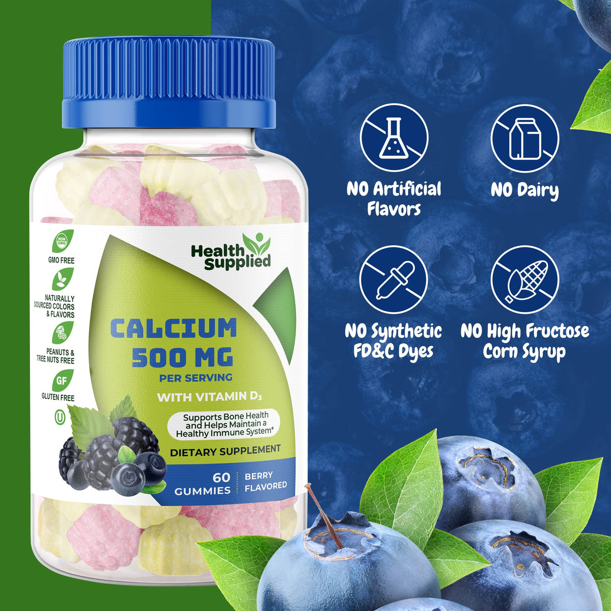 Détails des gummies Calcium 500mg et Vitamine D3 sur fond blanc