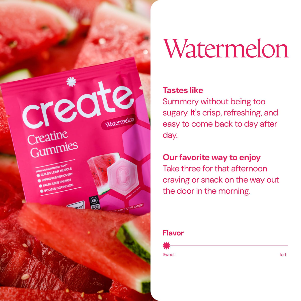 Détails des gummies créatine Create avec emballage