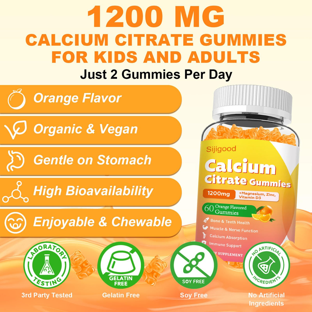 Détails des gummies de citrate de calcium Sijigood avec saveur d'orange