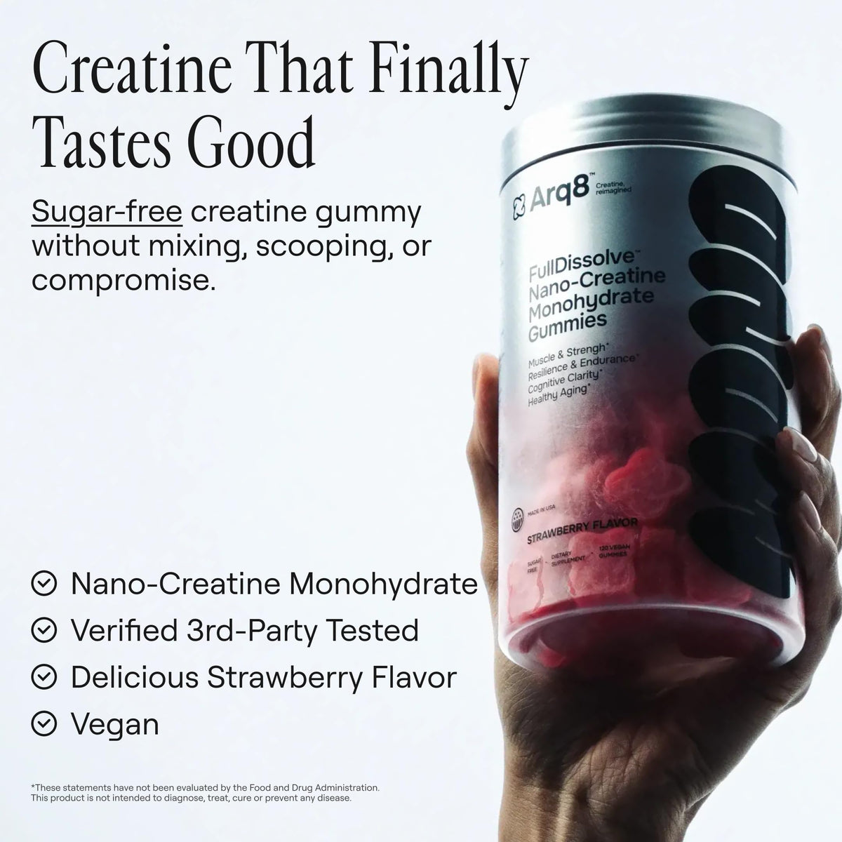 Détails des gummies de créatine ARQ8 LONGEVITY, couleur fraise
