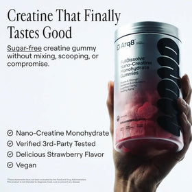 Détails des gummies de créatine ARQ8 LONGEVITY, couleur fraise