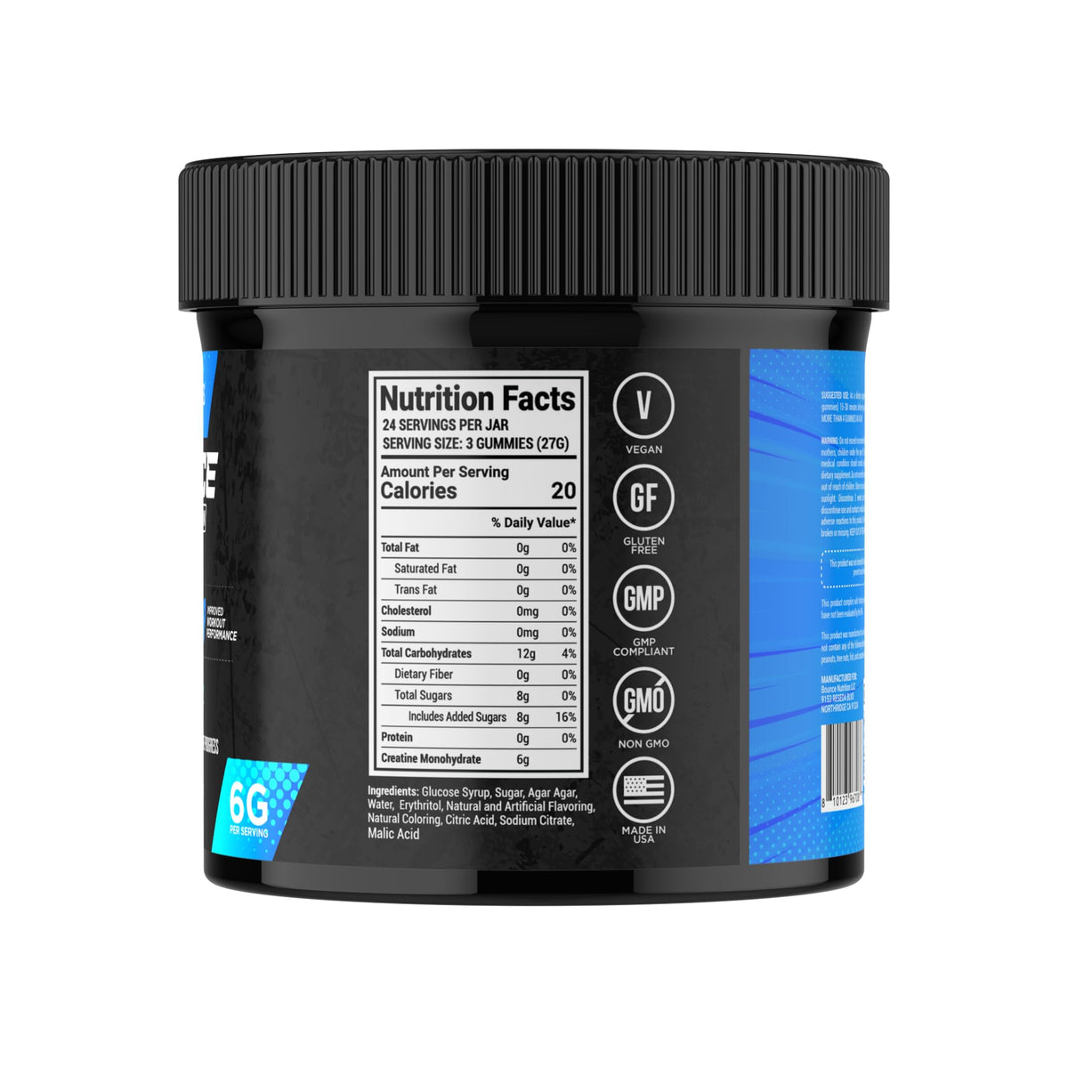 Détails des Gummies de Créatine Monohydrate Bounce Pro avec étiquette