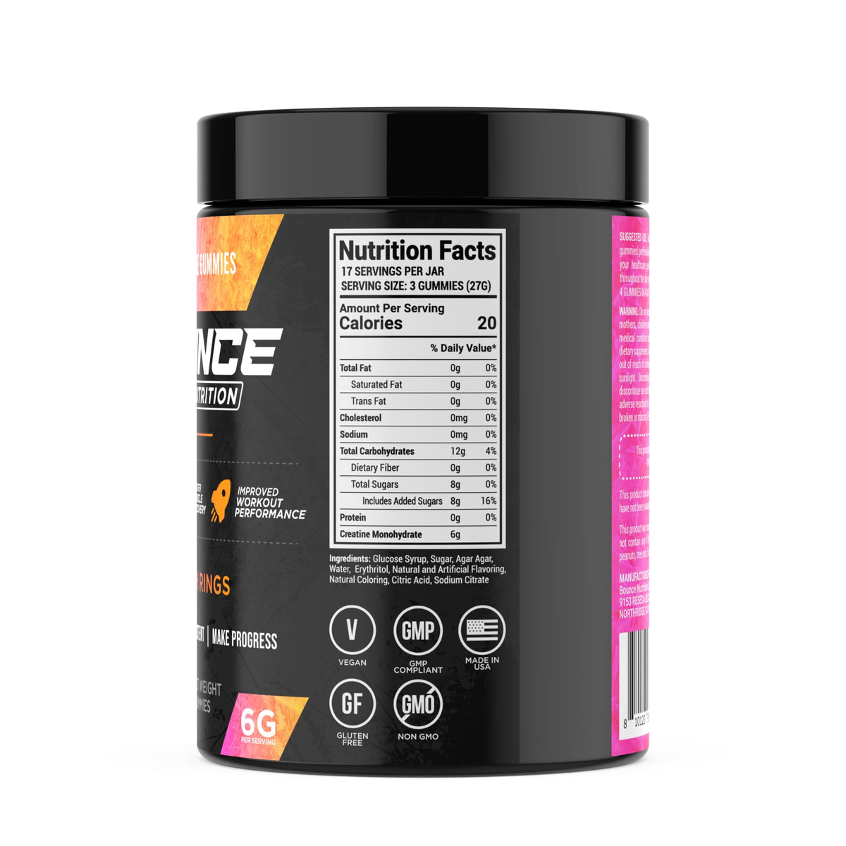 Détails des gummies de créatine monohydrate Bounce Pro avec étiquette