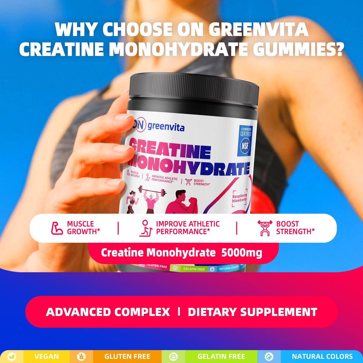 Détails des gummies de créatine ON GREENVITA avec goût framboise et myrtille