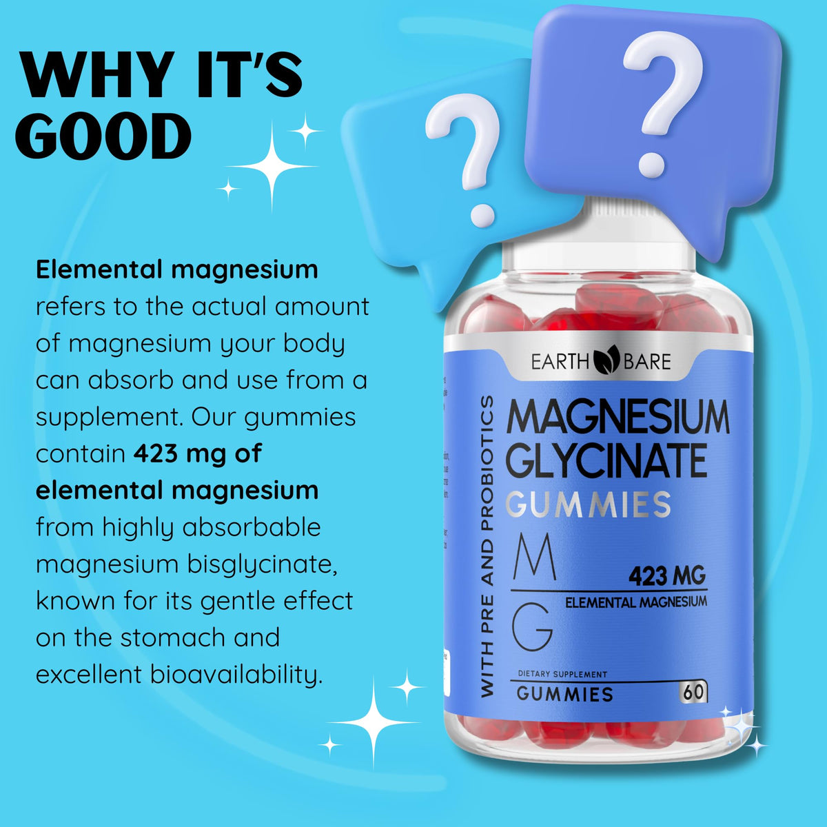 Détails des gummies de magnésium glycinate Earth Bare, couleur orange