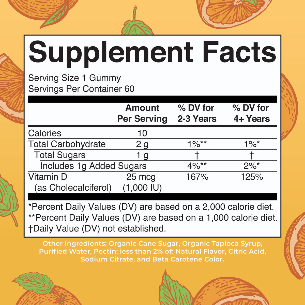 Détails des gummies de vitamine D3 MARYRUTH'S avec saveur d'orange