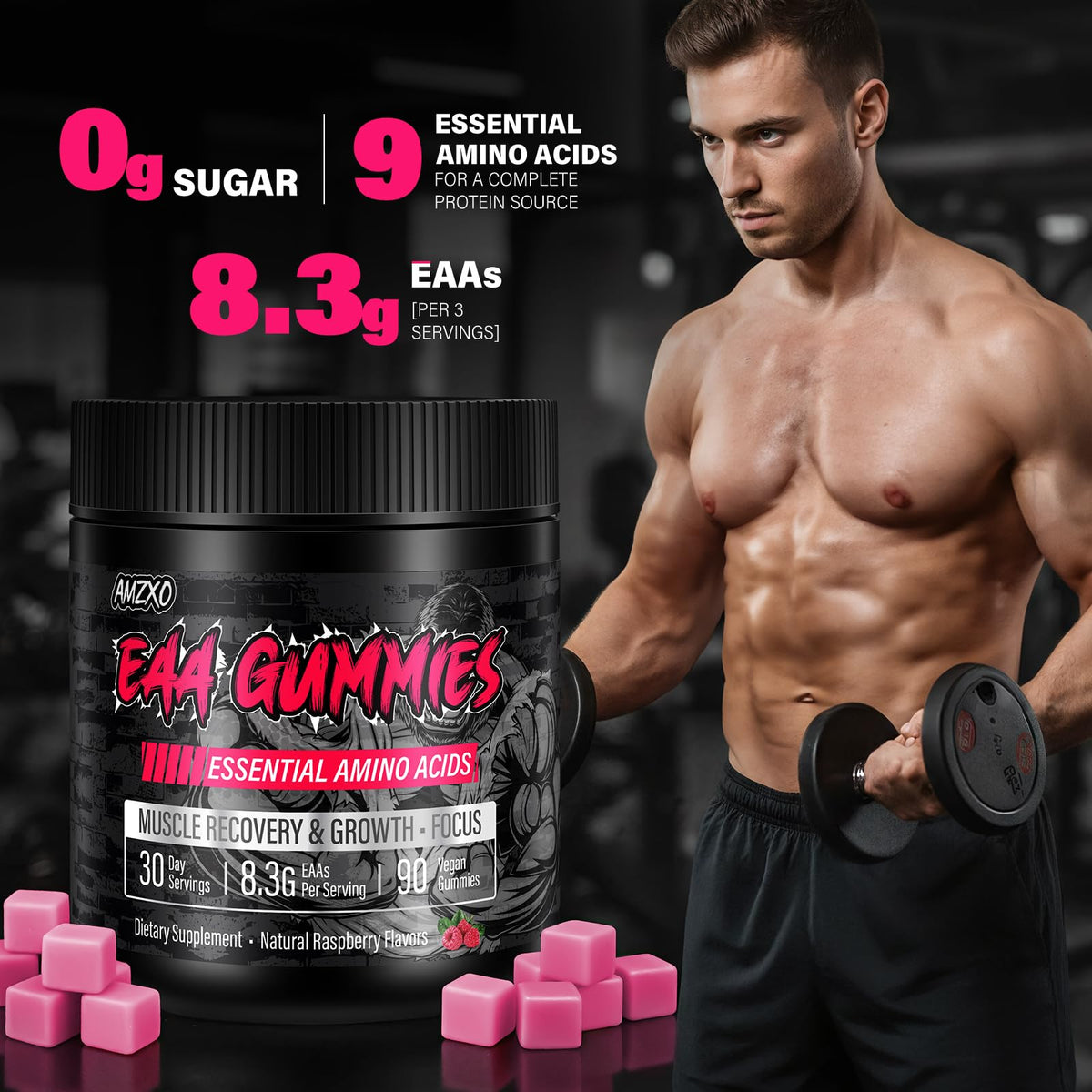 Détails des gummies EAA AMZXO avec 8300mg d'acides aminés