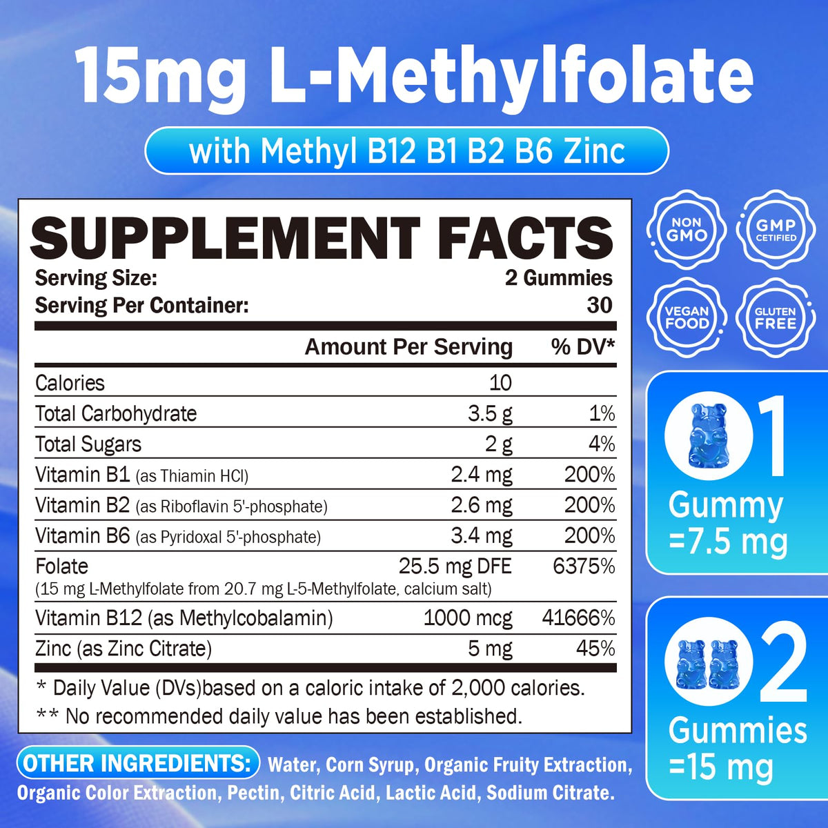 Détails des gummies L-Méthylfolate avec couleur naturelle de myrtille