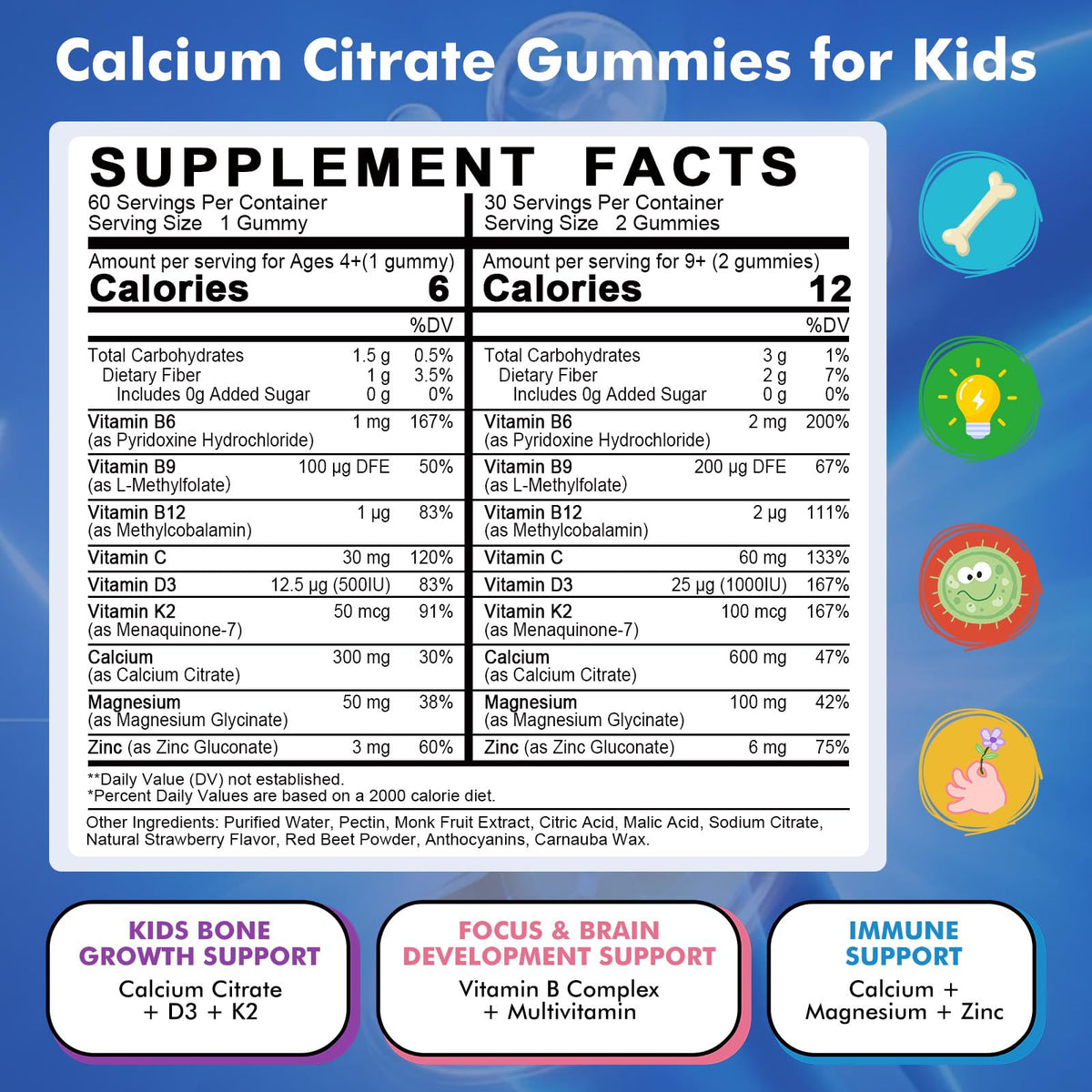 Détails des gummies LUCNVEM avec calcium citrate et vitamine D3