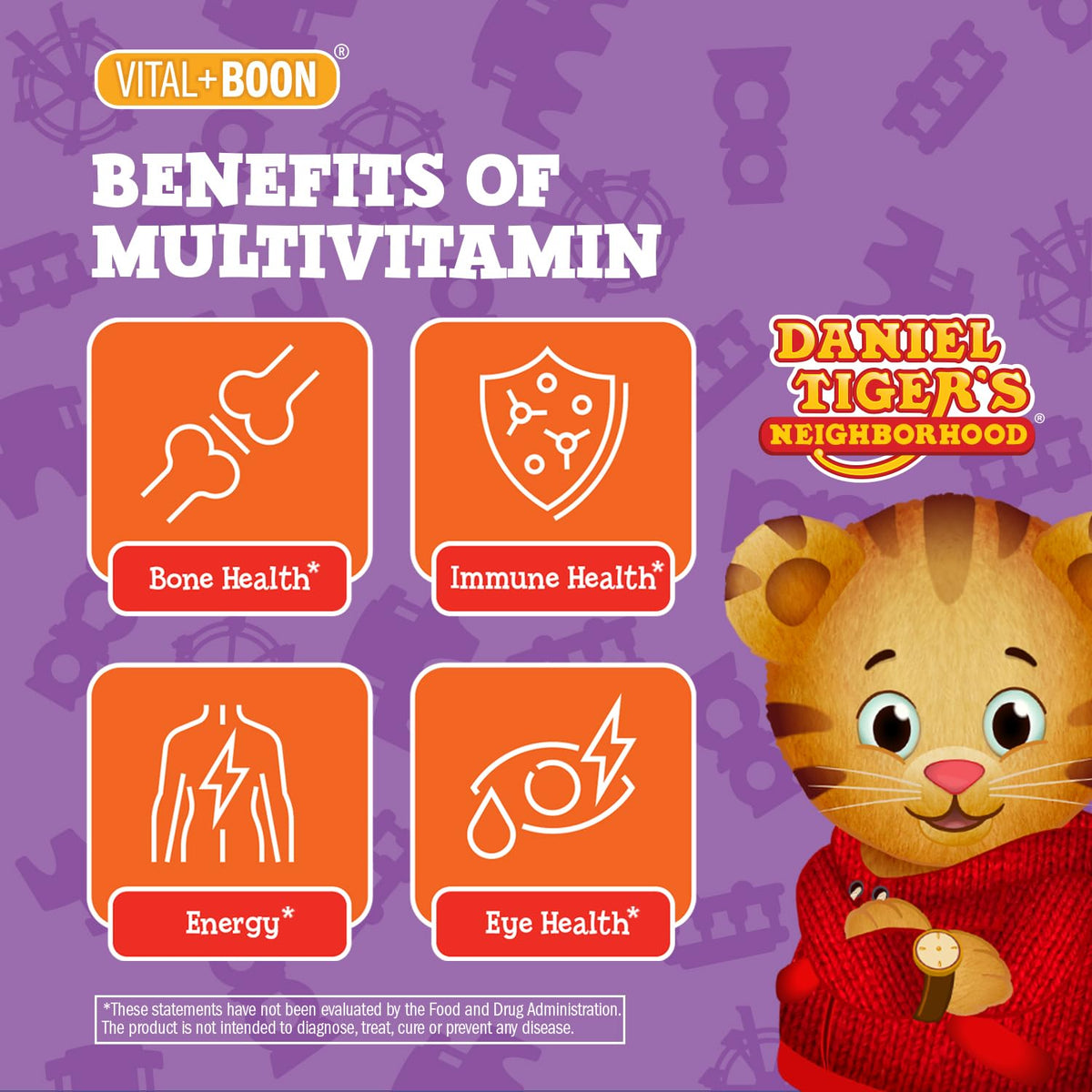 Détails des gummies multivitamines Vital+Boon, saveurs fraise, framboise et orange