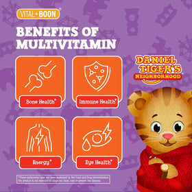 Détails des gummies multivitamines Vital+Boon, saveurs fraise, framboise et orange