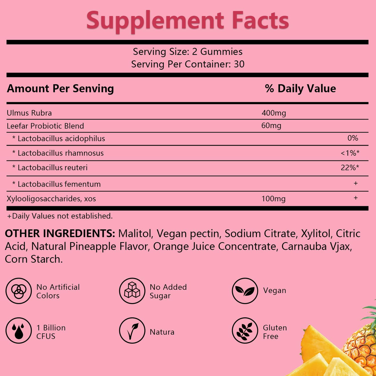 Détails des gummies probiotiques Josmon avec ingrédients naturels