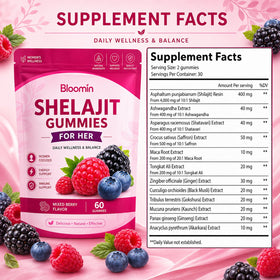 Détails des Gummies Shilajit, saveur fruits rouges, côté du flacon