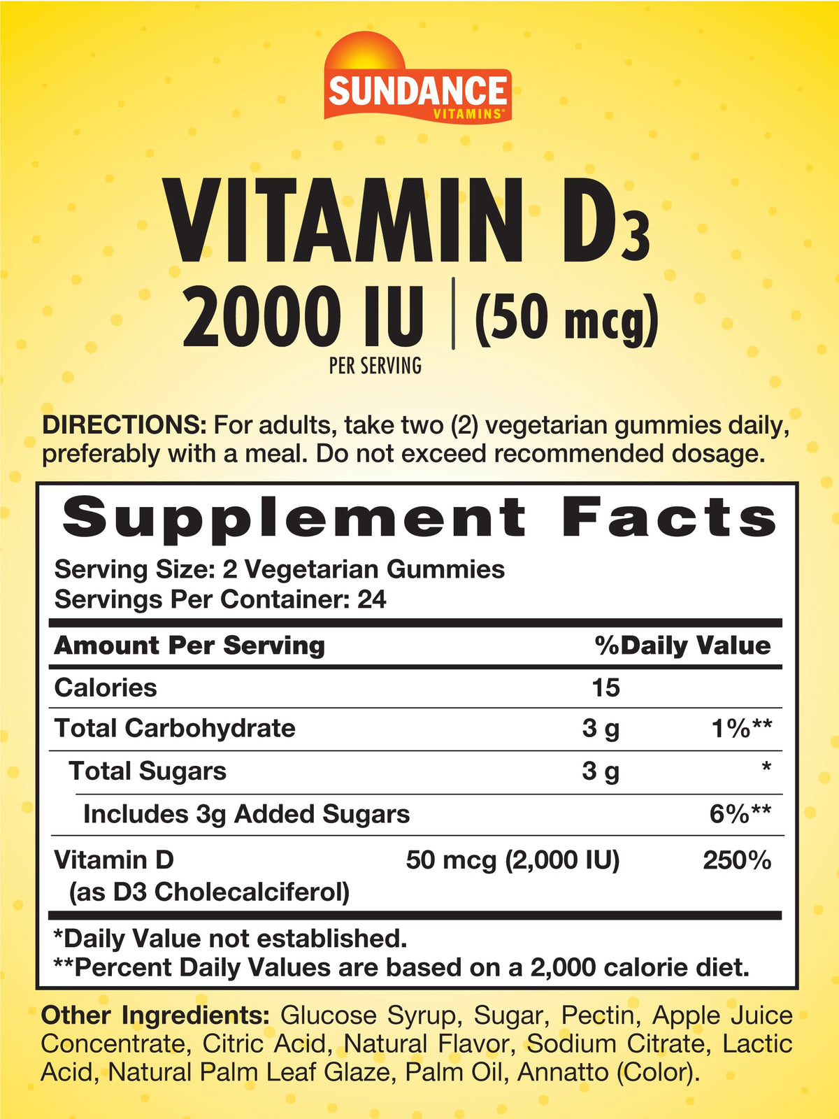 Détails des gummies Sundance de Vitamine D3, emballage et contenu