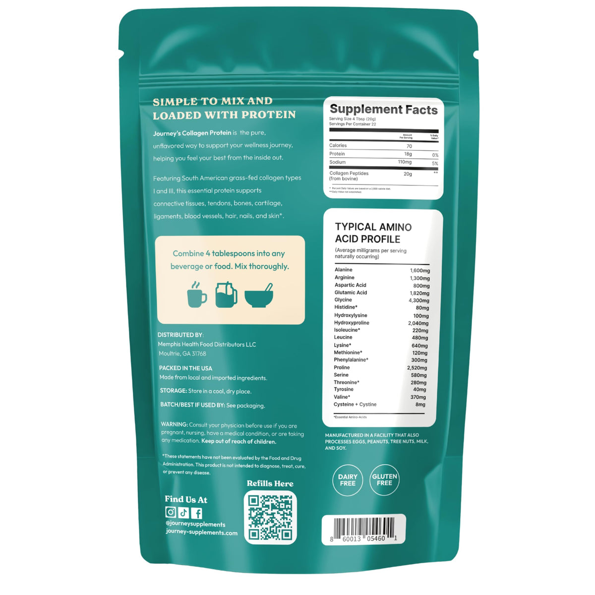 Détails des ingrédients de la poudre de collagène peptides Journey Supplements