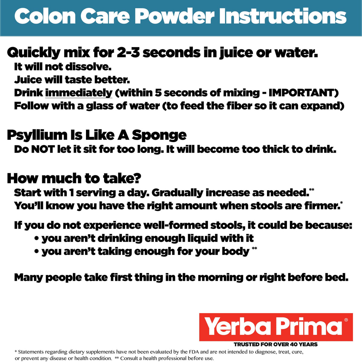 Détails des ingrédients de la poudre de Soin du Colon Yerba Prima