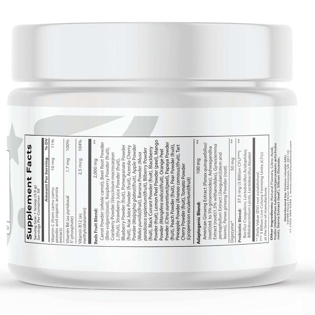Détails des ingrédients de la poudre de superaliments rouges NATION HEALTH MD