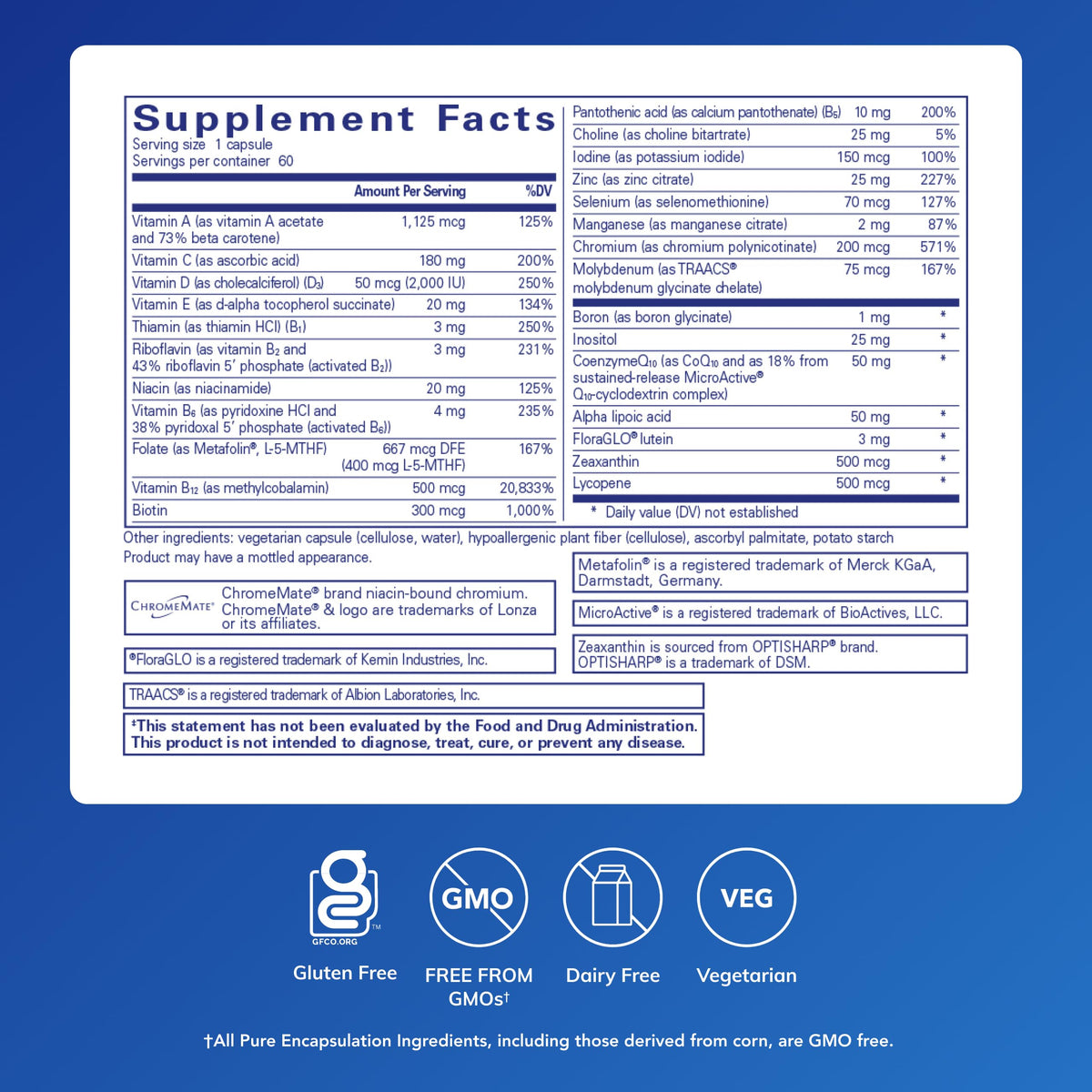 Détails des ingrédients de Pure Encapsulations O.N.E. Multivitamin