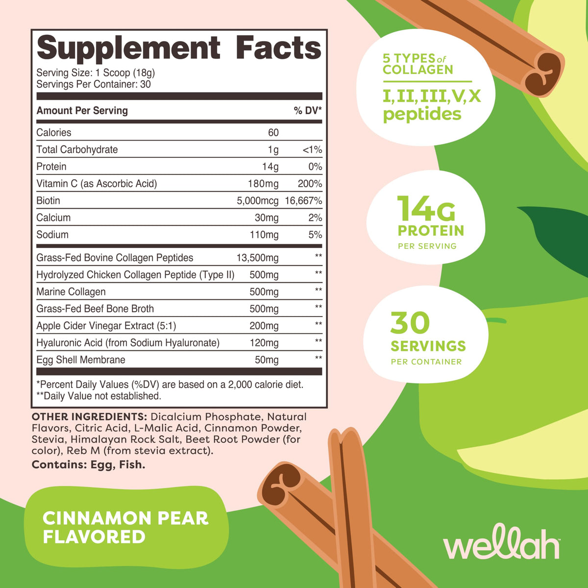 Détails des ingrédients de Wellah Multi Collagen Protein + Beauty, saveur poire cannelle