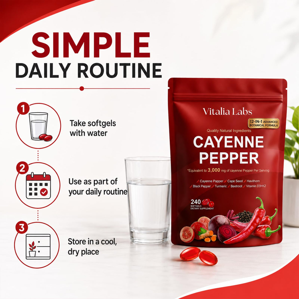 Détails des ingrédients des gélules de poivre de cayenne Vitalia