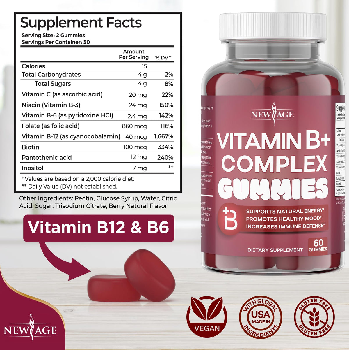 Détails des ingrédients des gummies B Complex NEW AGE