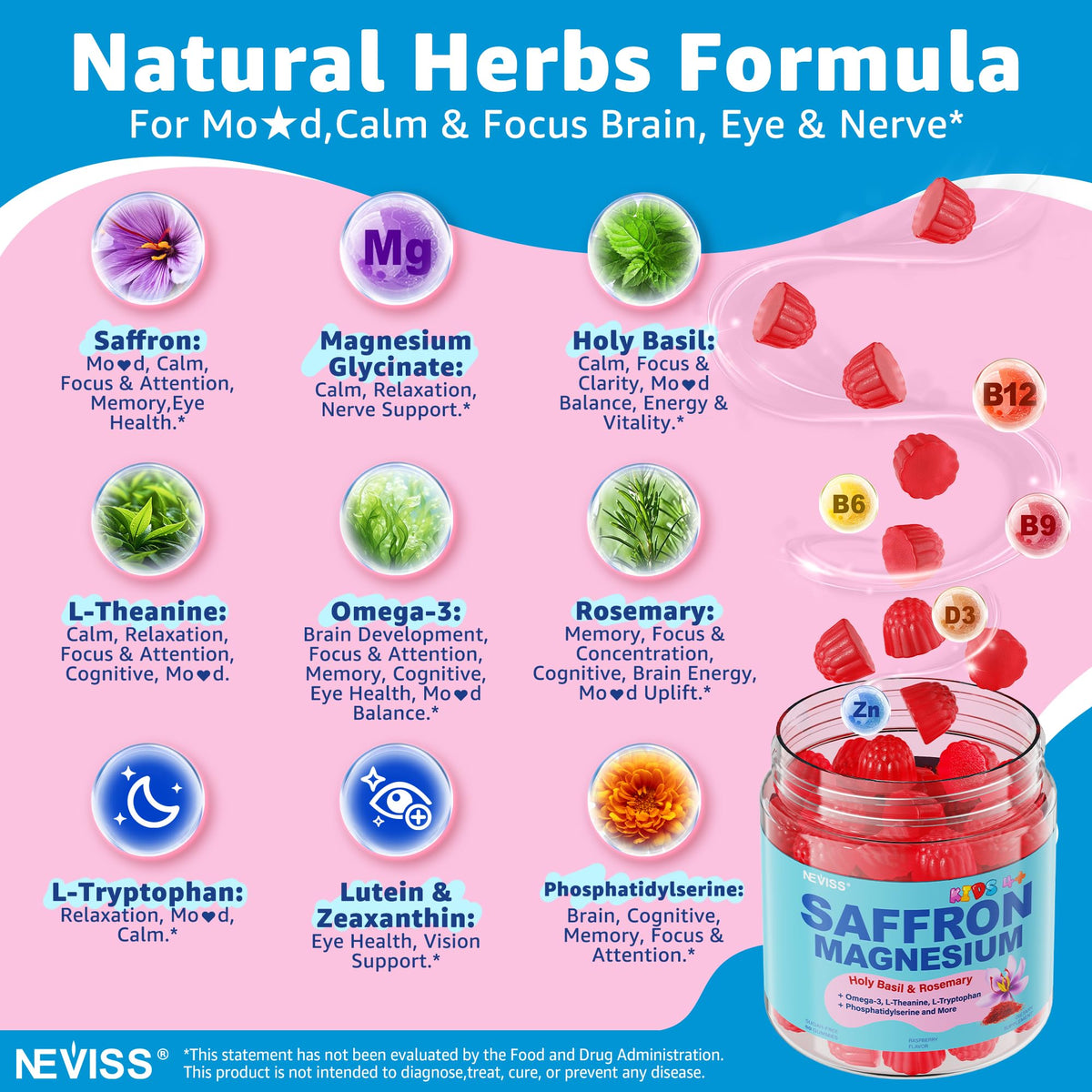 Détails des ingrédients des gummies NEVISS avec Saffran et Magnésium