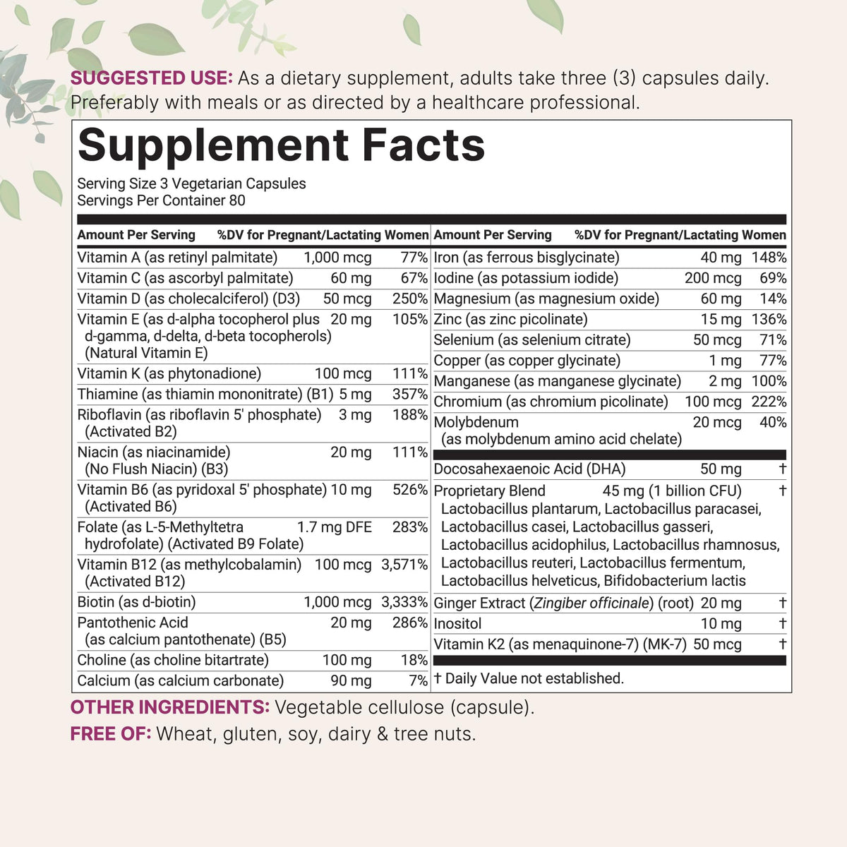 Détails des ingrédients des vitamines prénatales Micro Ingredients