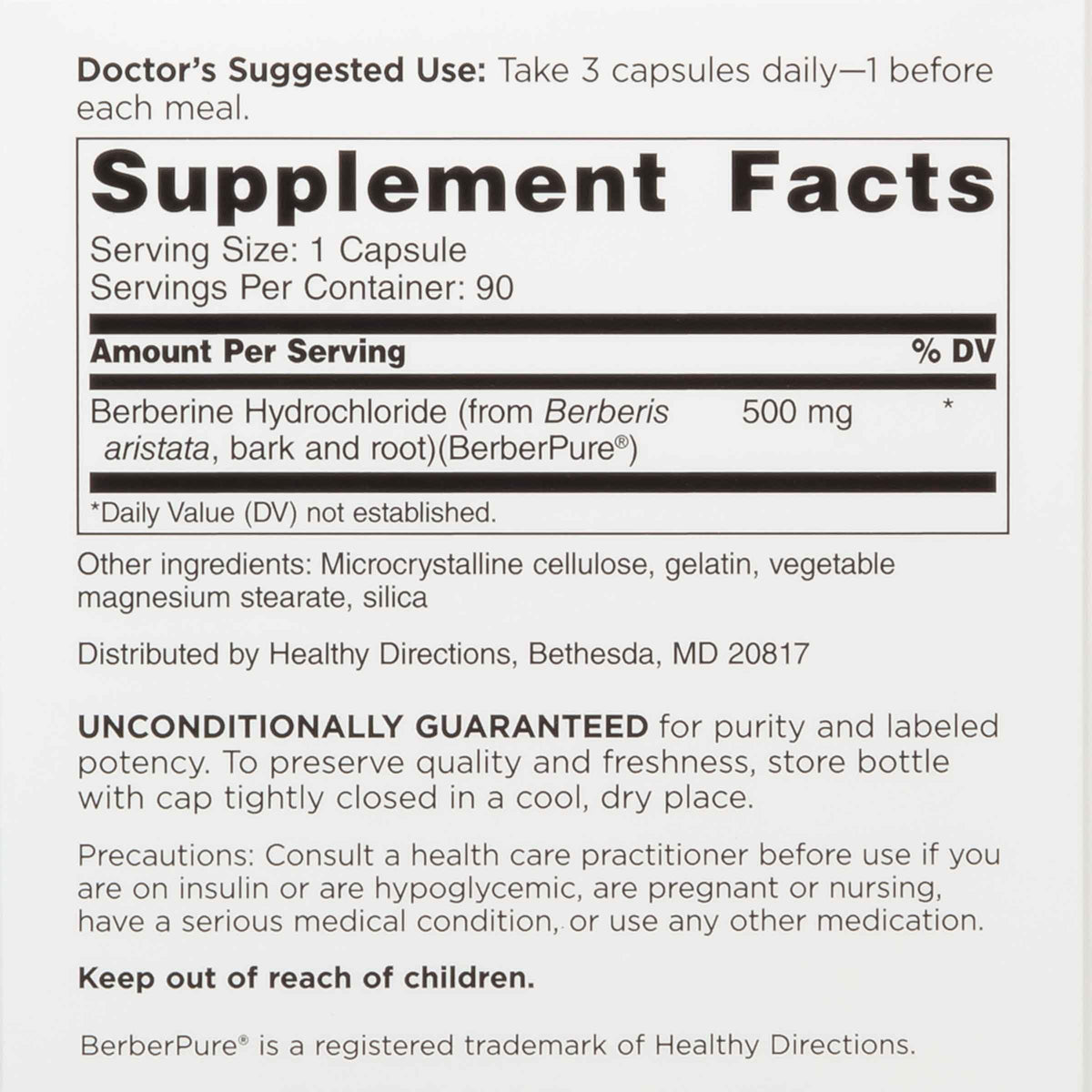 Détails des ingrédients du complément Berbérine HCl 180 capsules