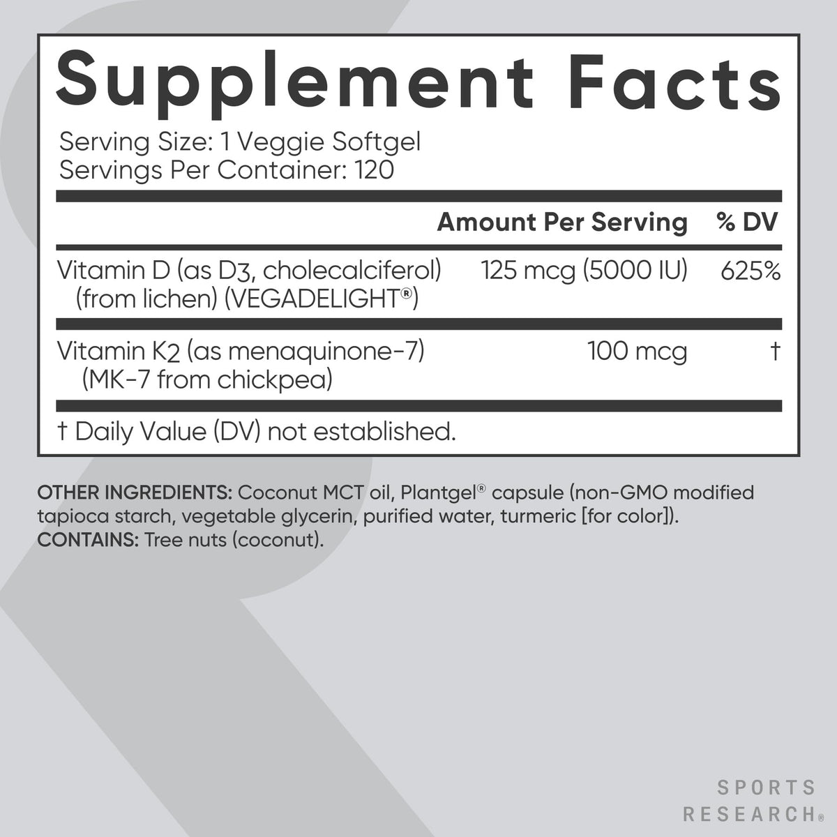 Détails des ingrédients du complément D3 + K2 de Sports Research