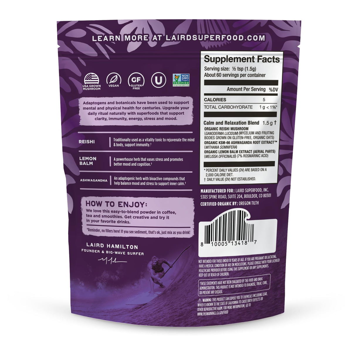 Détails des ingrédients du Mélange de Champignons Bio Calm et daily wellness Laird Superfood