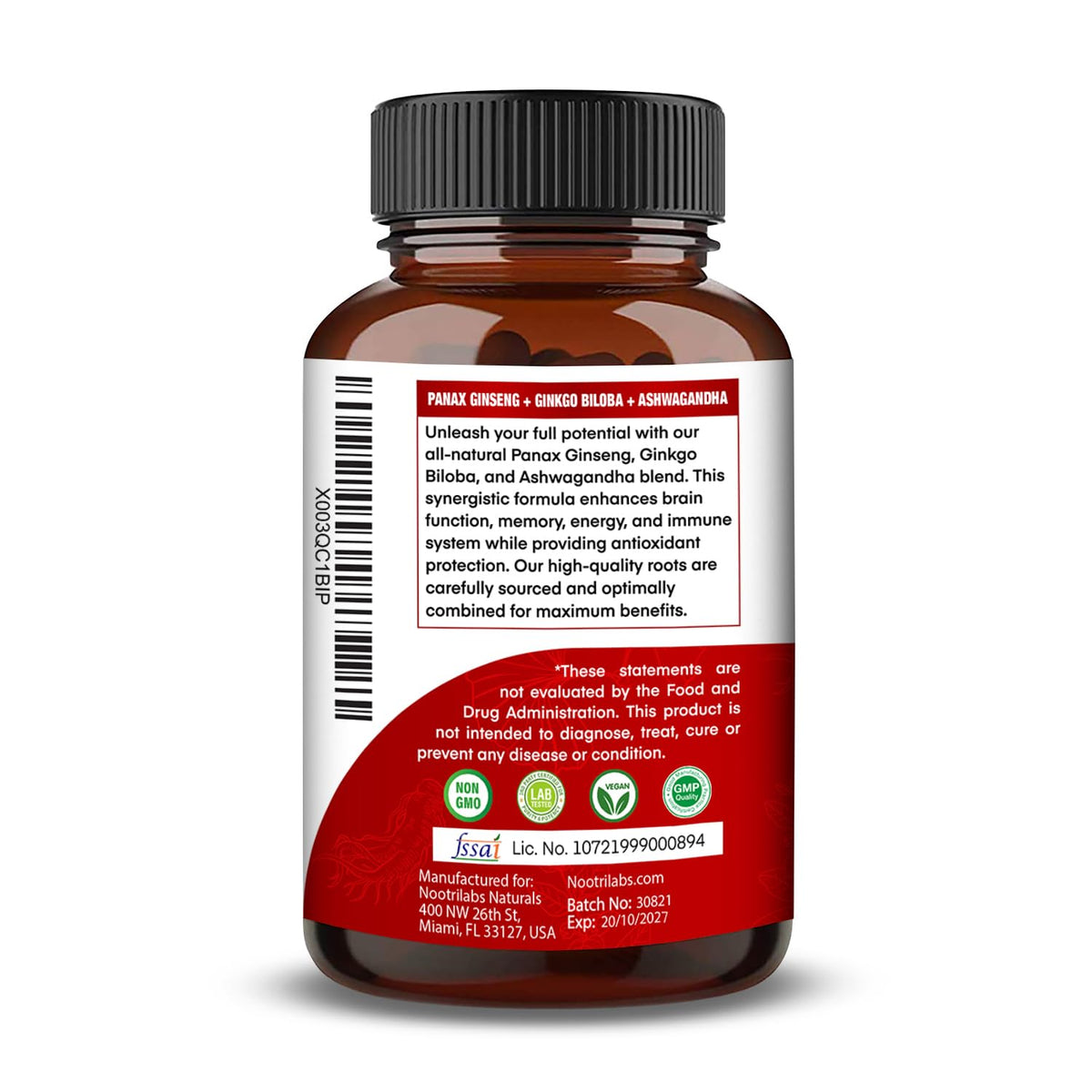 Détails des ingrédients du Nootrilabs Ginseng Rouge Coréen sur l'emballage