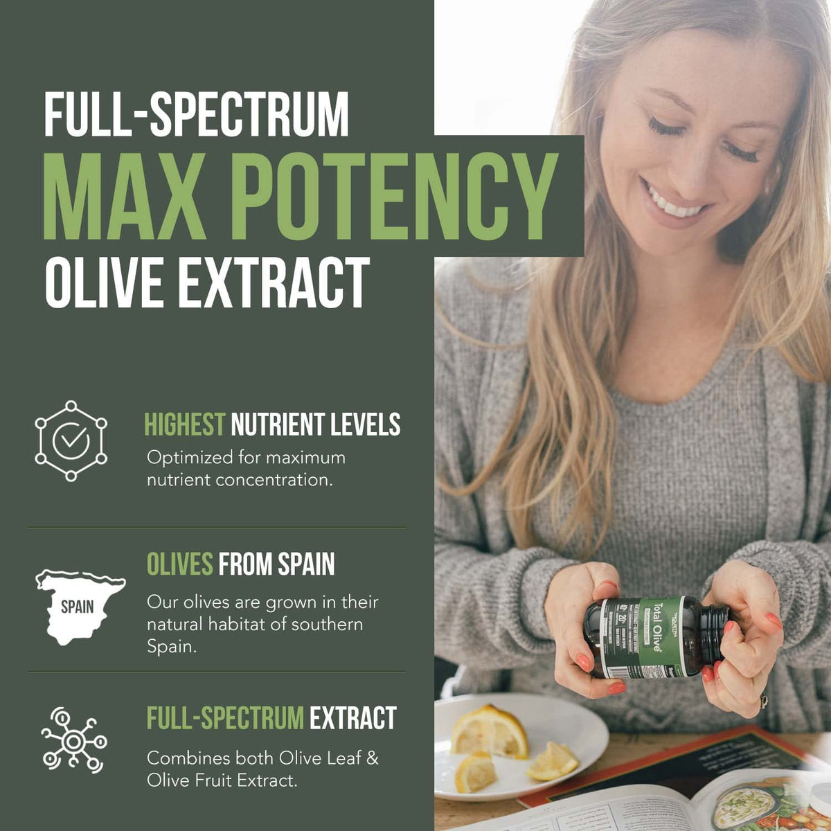 Détails des ingrédients du Total Olive, capsule sur fond clair
