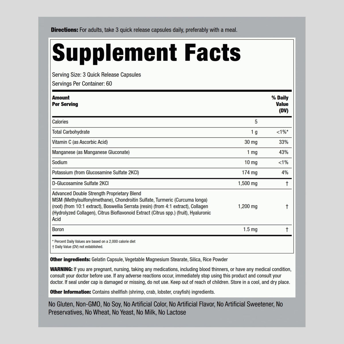 Détails des ingrédients sur l'emballage de Piping Rock Glucosamine Chondroitin MSM